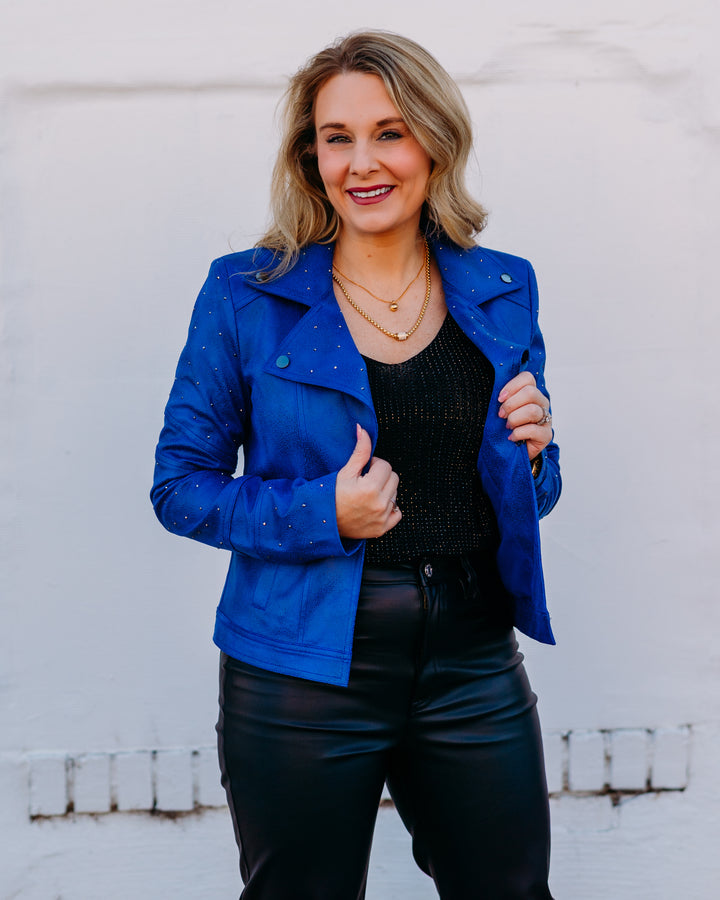 Joseph Ribkoff: Foiled Faux Suede Fitted Jacket with Rhinestones in Royal Sapphire