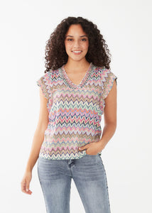 French Dressing Jeans: Faux Crochet Stripe Flutter Sleeve Top