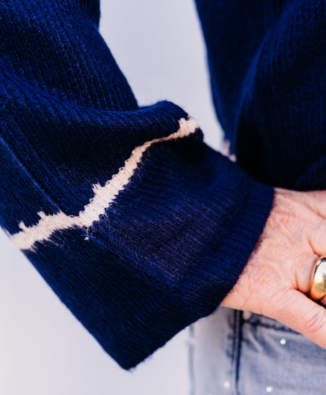 Charlie B: Notched Neck Rib Embroidered Sweater in Navy