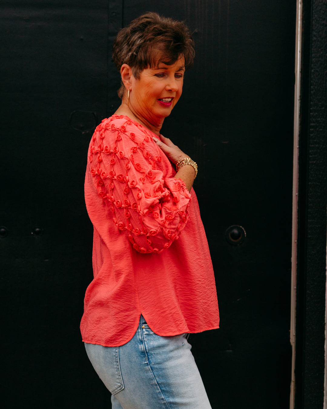 Multiples: 3/4 Puff Raglan Sleeve Wide Neck Peasant Top W/Strip Trim in Coral Pink