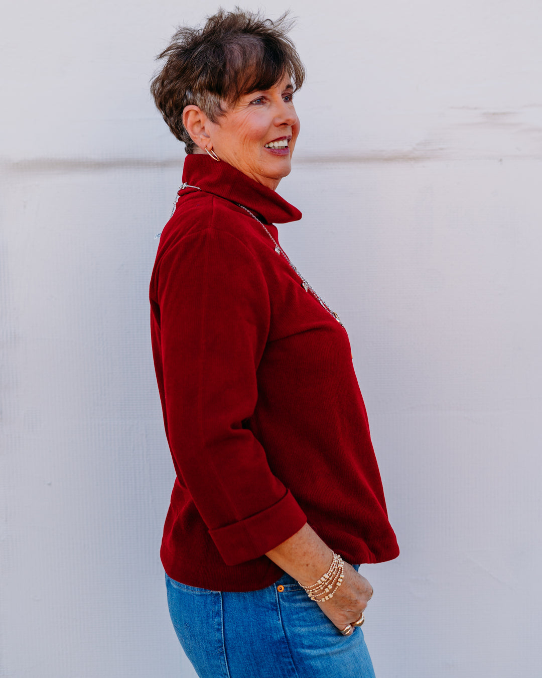 Multiples: Turn Up Cuff 3/4 Sleeve Knit Turtle Neck Top in Crimson (M45105TM)
