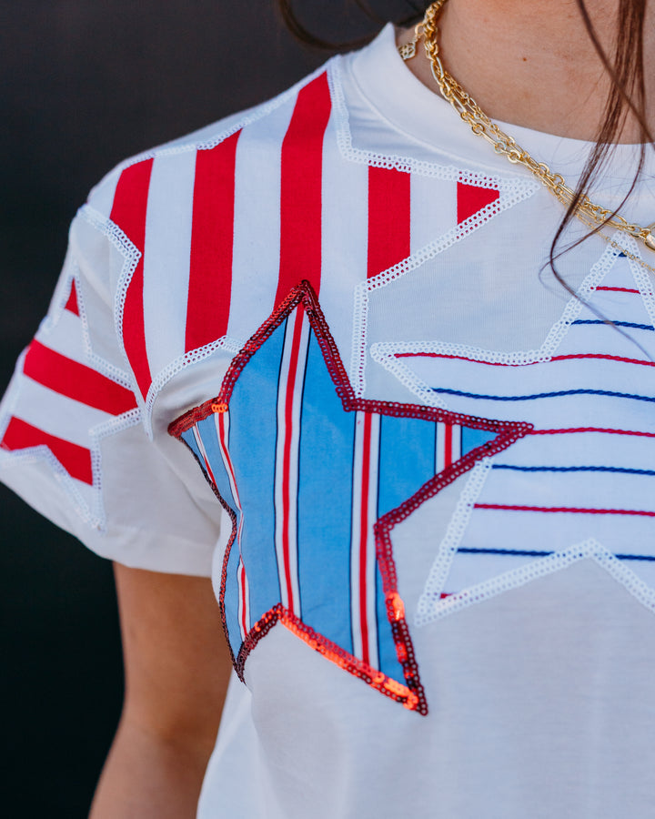 Queen Of Sparkles: White USA Stripe Patch Stars Tee in White (SUM26292)