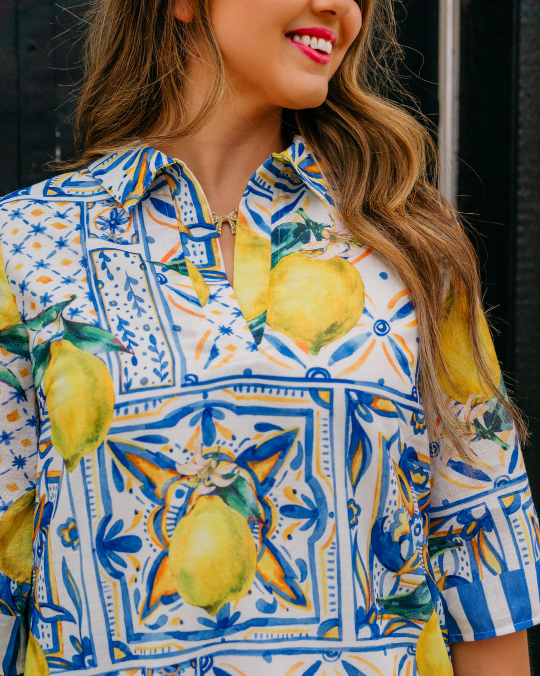 Jade: Lemon Tiles Placket Bell Sleeve Dress