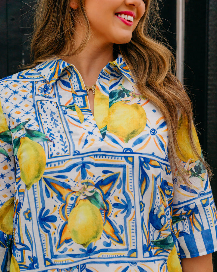 Jade: Lemon Tiles Placket Bell Sleeve Dress