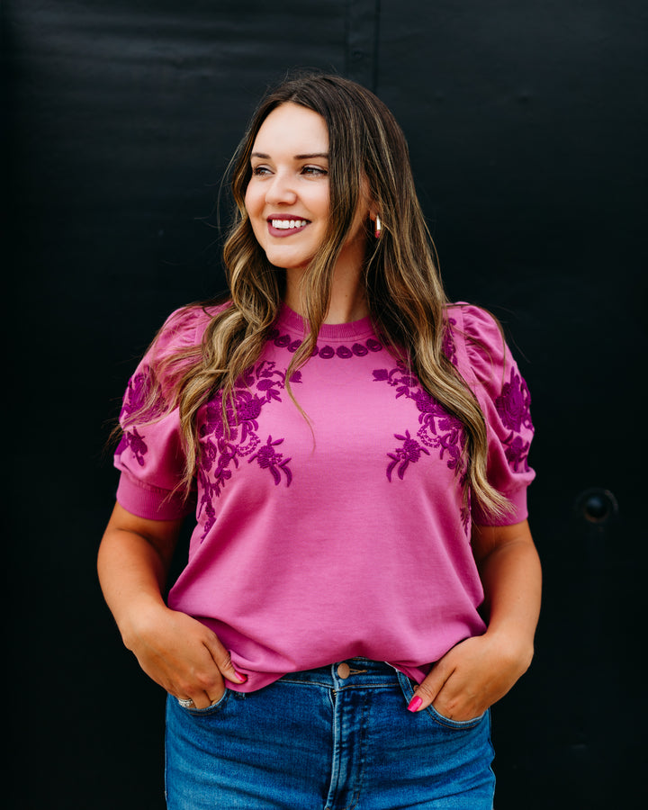 Ivy Jane: Short Sleeve Embroidered Sweatshirt in Plum (691009)