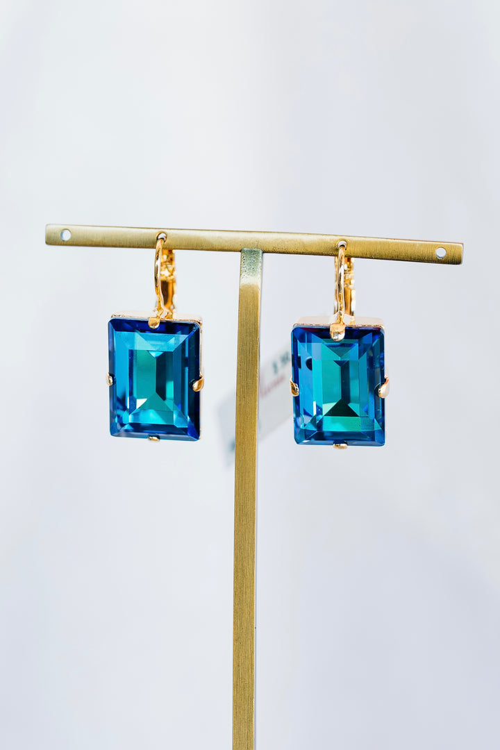 Mariana: Gold Emerald Cut Earrings in “Ocean”