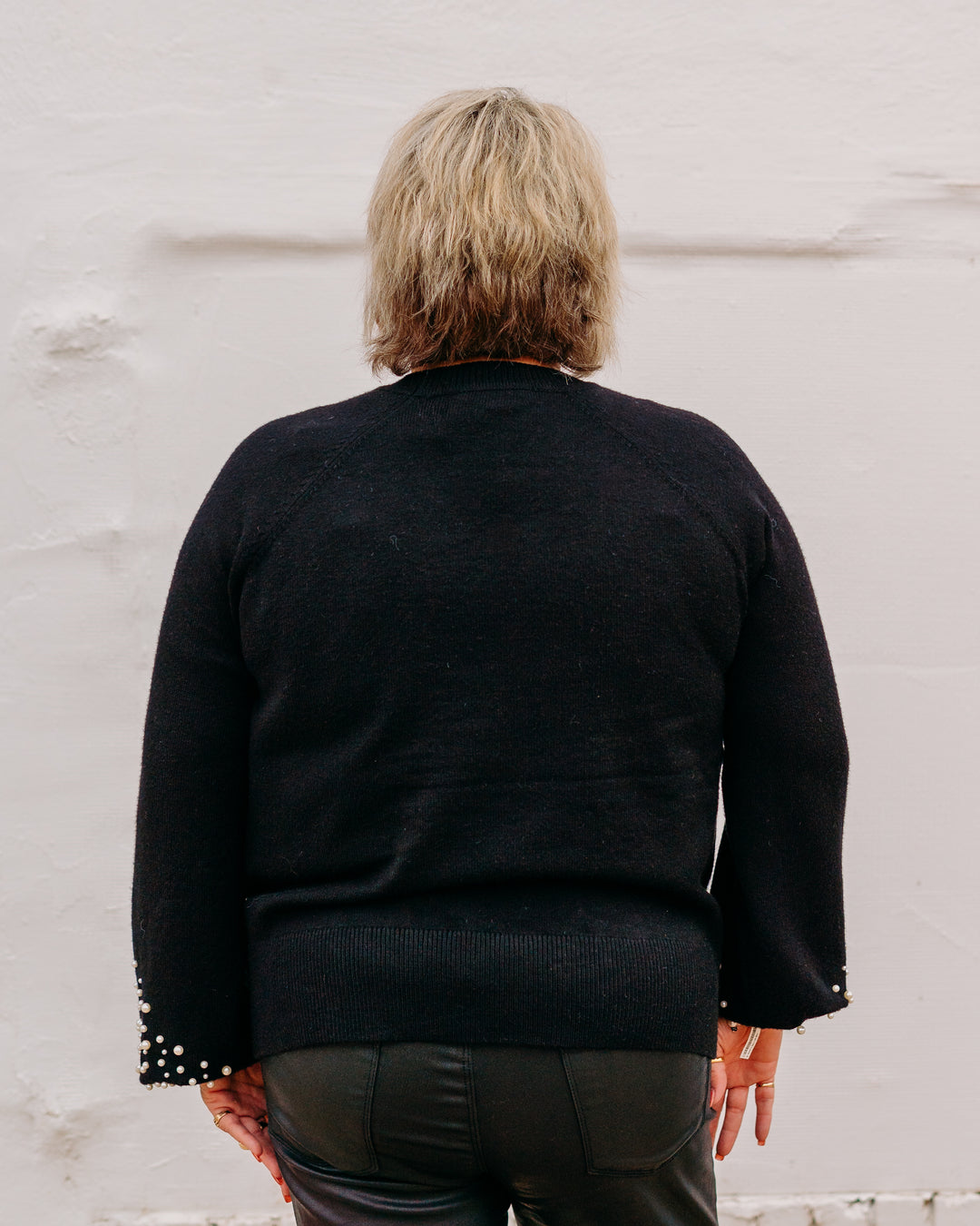 Charlie B: Crew Neck Sweater With Pearl Details in Black