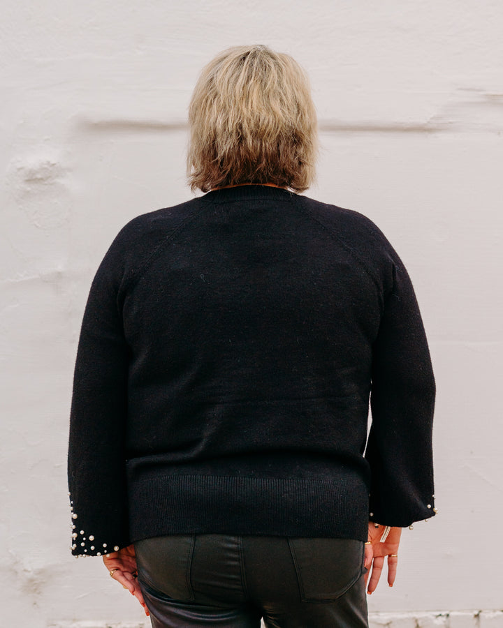 Charlie B: Crew Neck Sweater With Pearl Details in Black