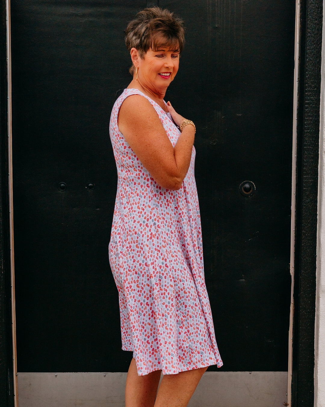 Multiples: Multi-Panel Scoop Neck Tank Dress in Dot multi (M26104DM)