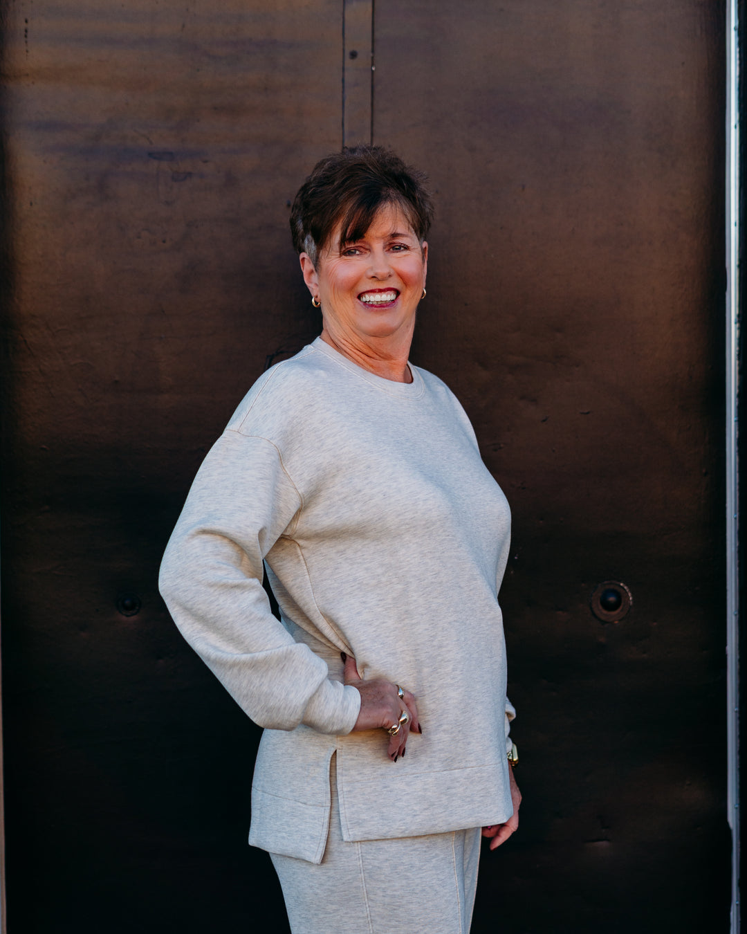 Spanx: Brushed AE Crewneck Top in Heather Cream
