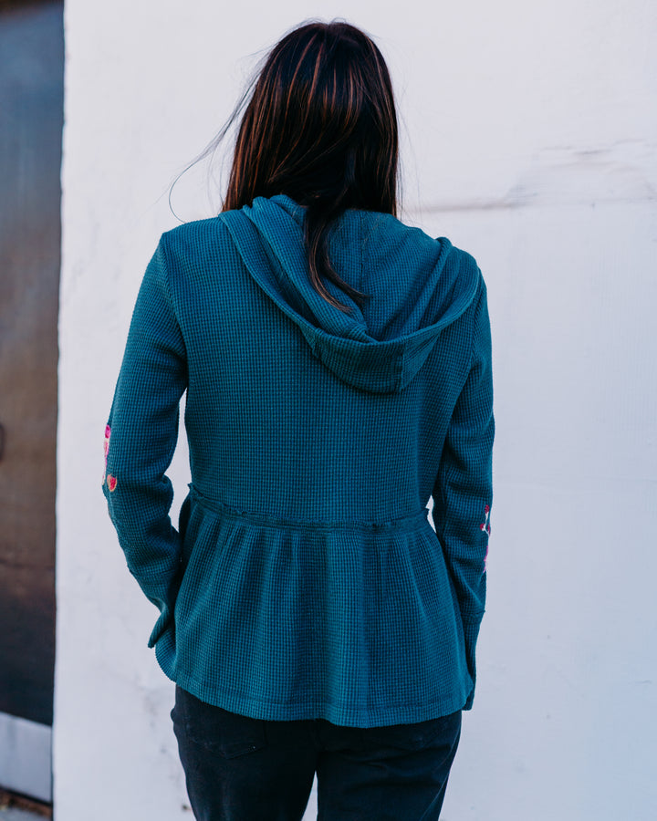 Johnny Was: Peplum Metallic Thermal Hoodie Rosilia in Metallic Emerald Mem