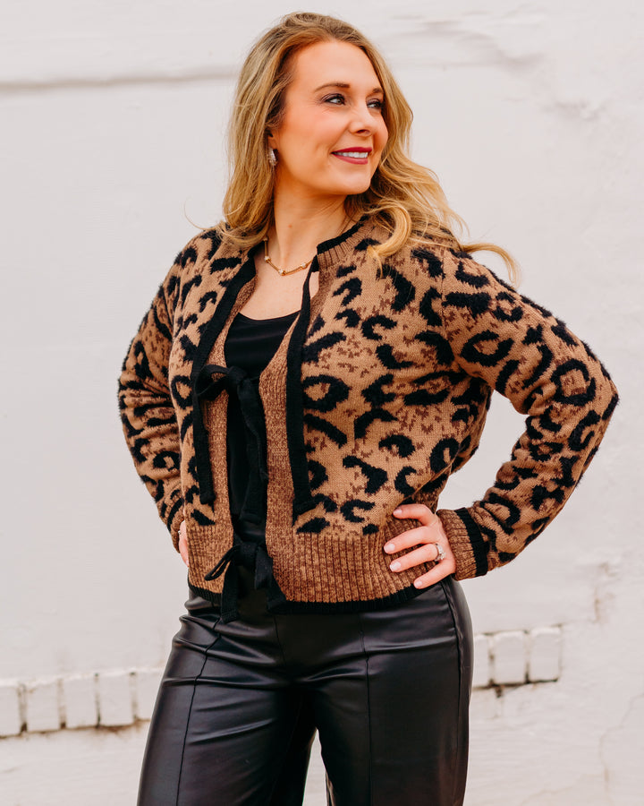 Charlie B: Bow Tie Front Cardigan in Animal