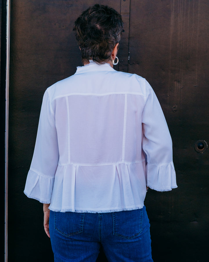 Multiples: 3/4 Flounce Sleeve 2-Pocket Button Front Peplum Jacket in White (M26510JM) - The Vogue Boutique