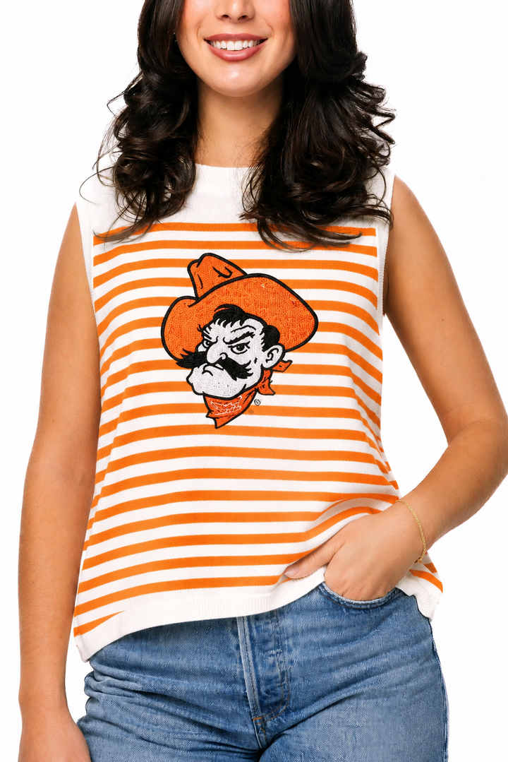 Queen Of Sparkles: Licensed Oklahoma State Mascot Striped Knit Tank in Multi