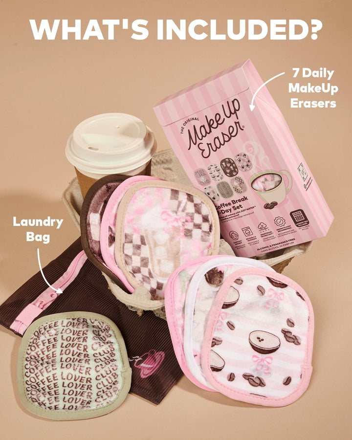 Coffee Break 7-Day Makeup Eraser set with pink coffee-themed patterns and laundry bag