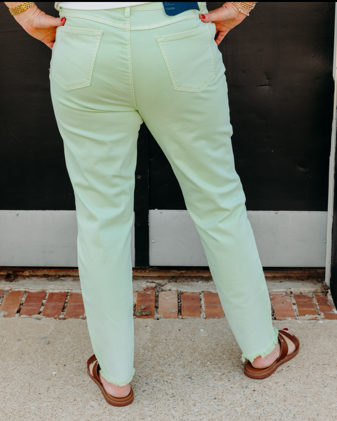 French Dressing Jeans: Olivia Slim Ankle Frayed Jeans in Mojito Green
