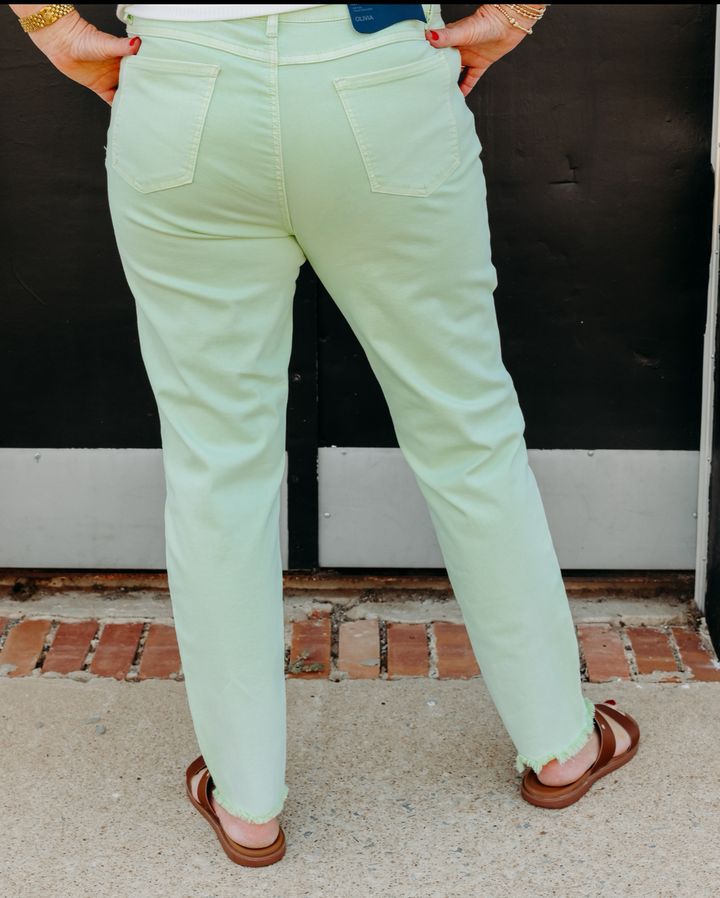 French Dressing Jeans: Olivia Slim Ankle Frayed Jeans in Mojito Green