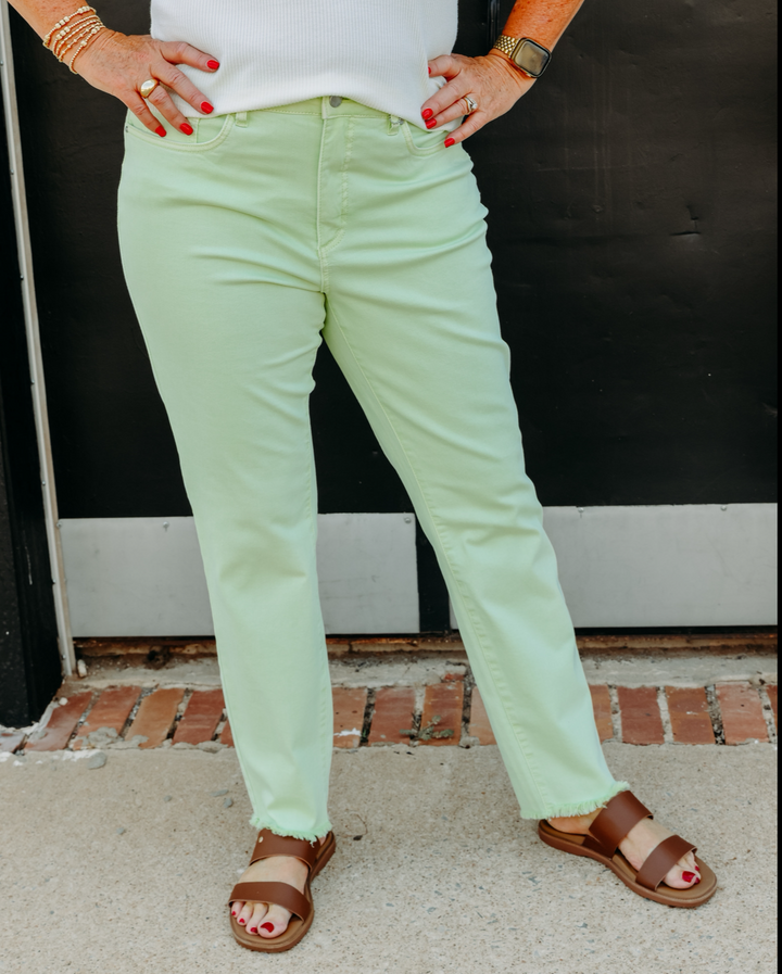 French Dressing Jeans: Olivia Slim Ankle Frayed Jeans in Mojito Green