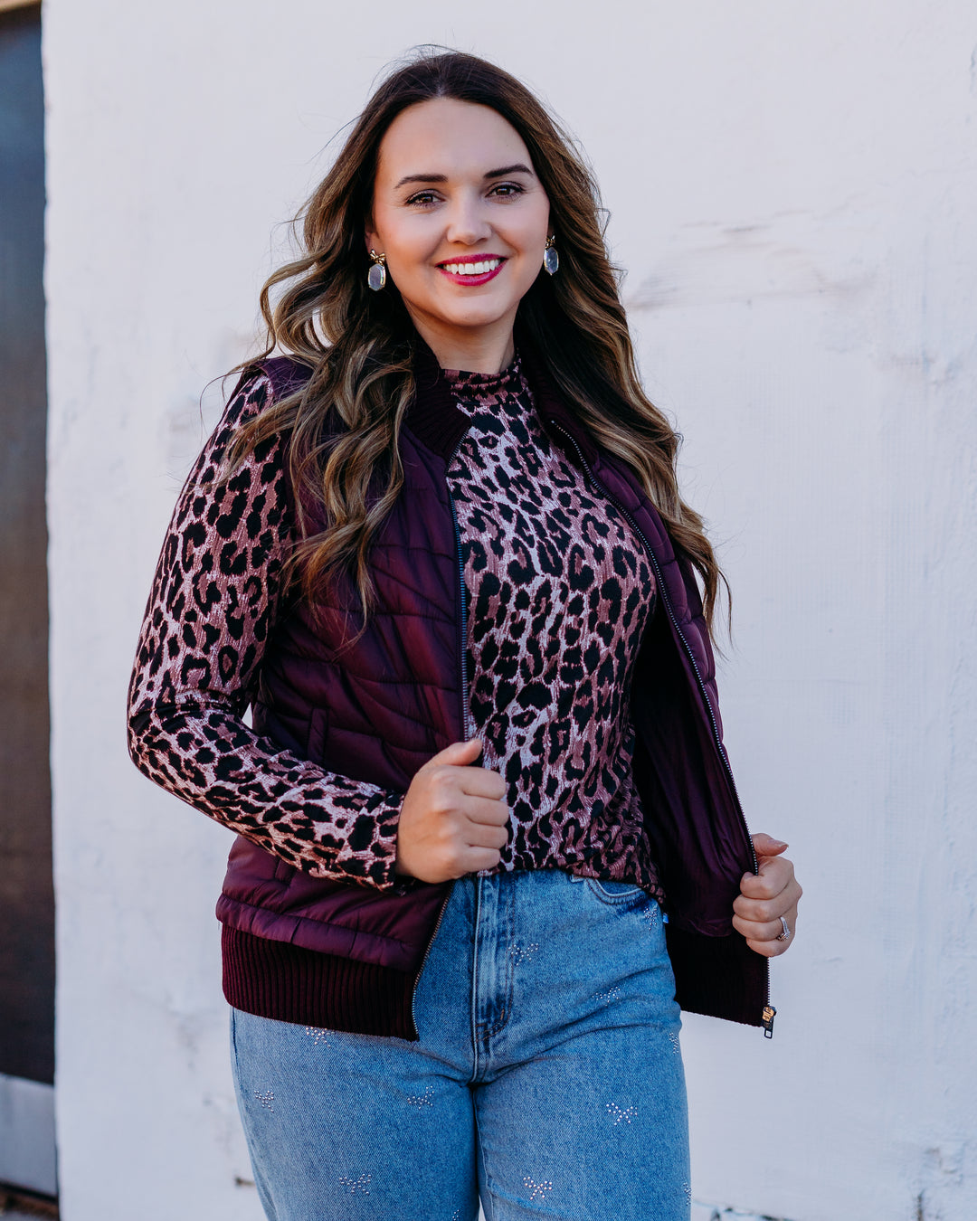 Liverpool: Sleeveless Quilted Front Full Zip Sweater Vest in Wine Berry