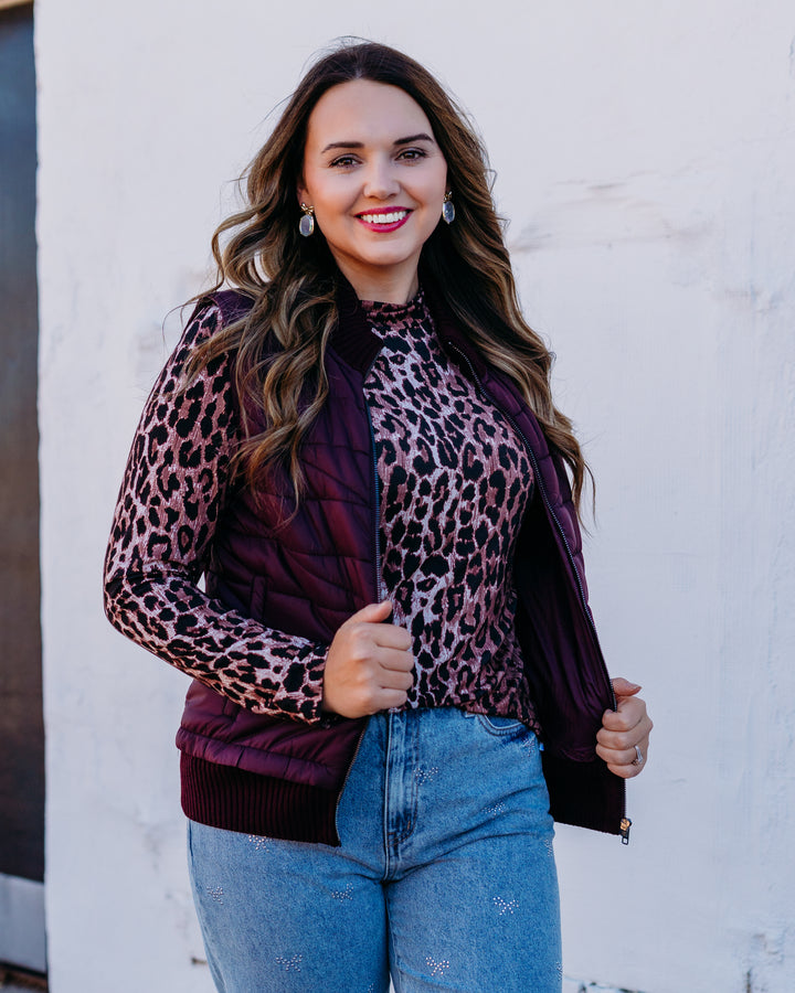 Liverpool: Sleeveless Quilted Front Full Zip Sweater Vest in Wine Berry