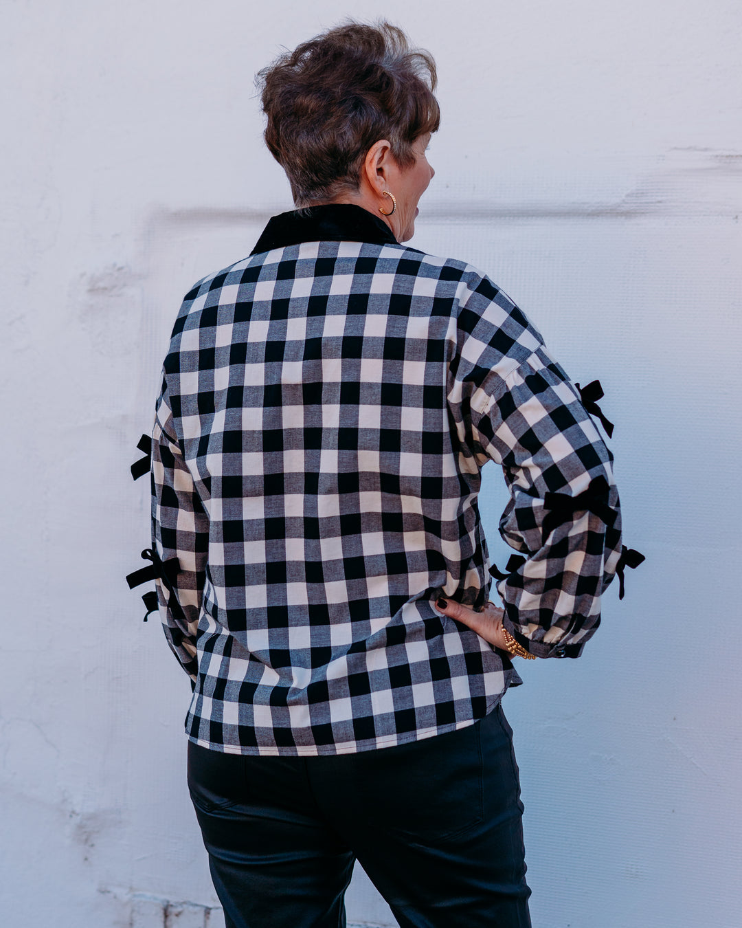 John Mark: Plaid Button Up Top With Velvet Collar in Black J45644TM