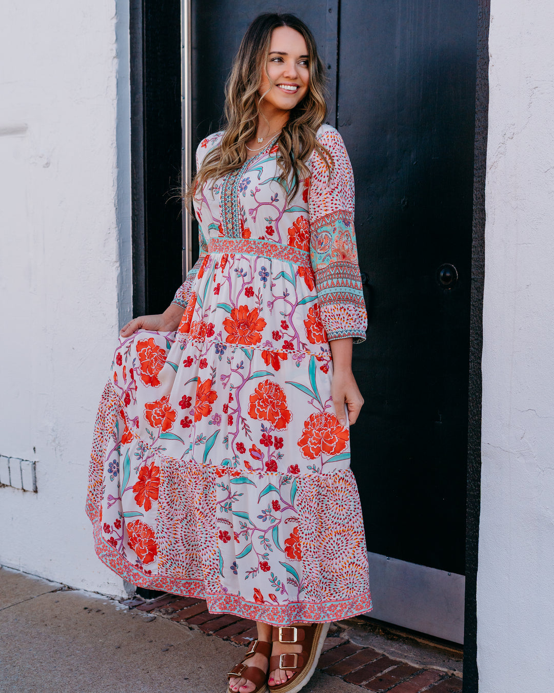 John Mark: Tiered Dress with Embroidered Waist & 3/4 Sleeves (J16353DM) - The Vogue Boutique