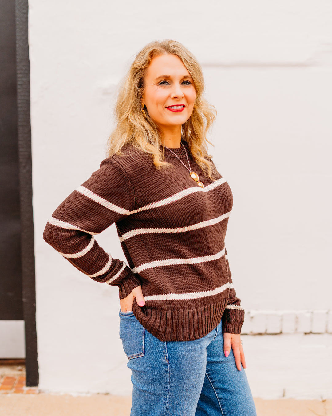 Karen Kane: Stripe Crewneck Sweater in Chocolate 3L89975