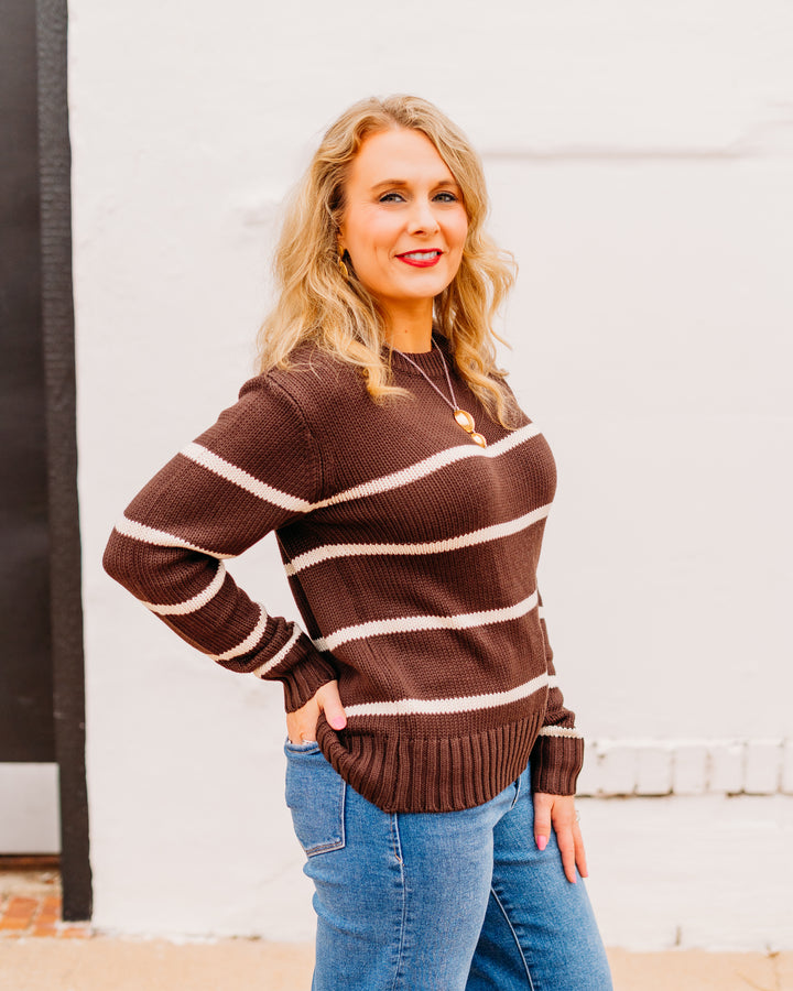 Karen Kane: Stripe Crewneck Sweater in Chocolate 3L89975