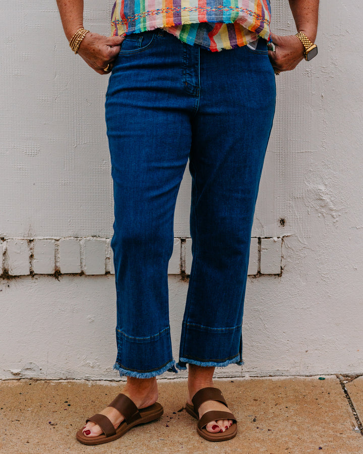 Multiples: Zip and Button Front 5-Pocket Hi-Lo Hem Crop Pant in Midnight (M26708PM)