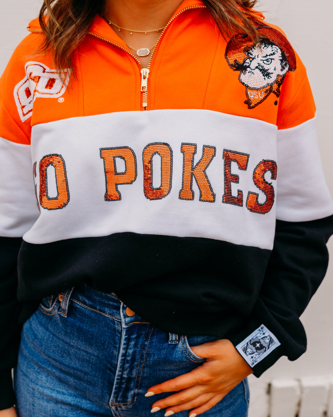 Queen of Sparkle: Licesened OK State Quarter Zip Colorblock Sweatshirt