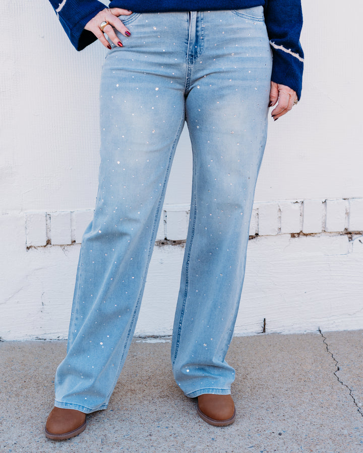 Joseph Ribkoff: Light Blue Denim Classic Wide Leg Stretch Jeans with Crystals Style 252916