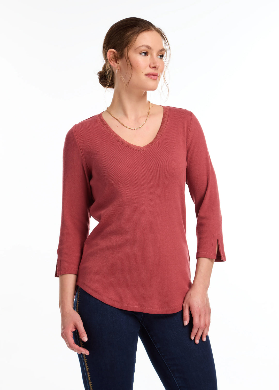 French Dressing Jeans: Rust Red Baby Rib V-Neck 3/4 Sleeve