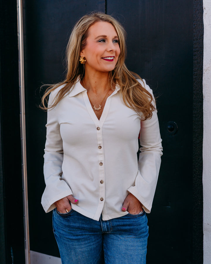 Spanx: Ribbed Knit Button-Down in Ivory (22151R) - The Vogue Boutique