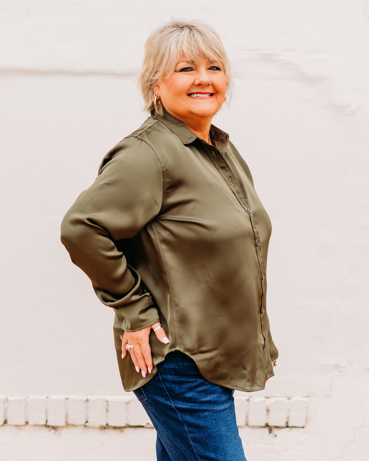Spanx: Silky Smooth Button Down in Dark Pine