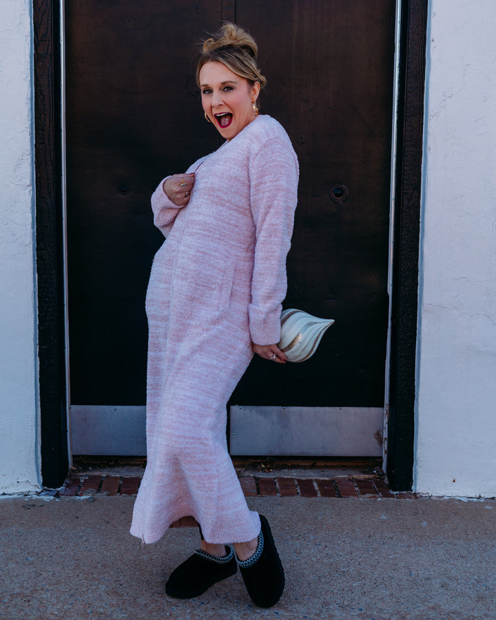 Barefoot Dreams: CozyChic Full Zip V-neck Lounger in Heathered Dusty Rose / White