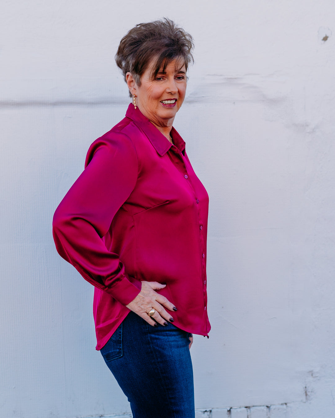 Liverpool: Button Front Woven Shirt in Fuchsia Kiss