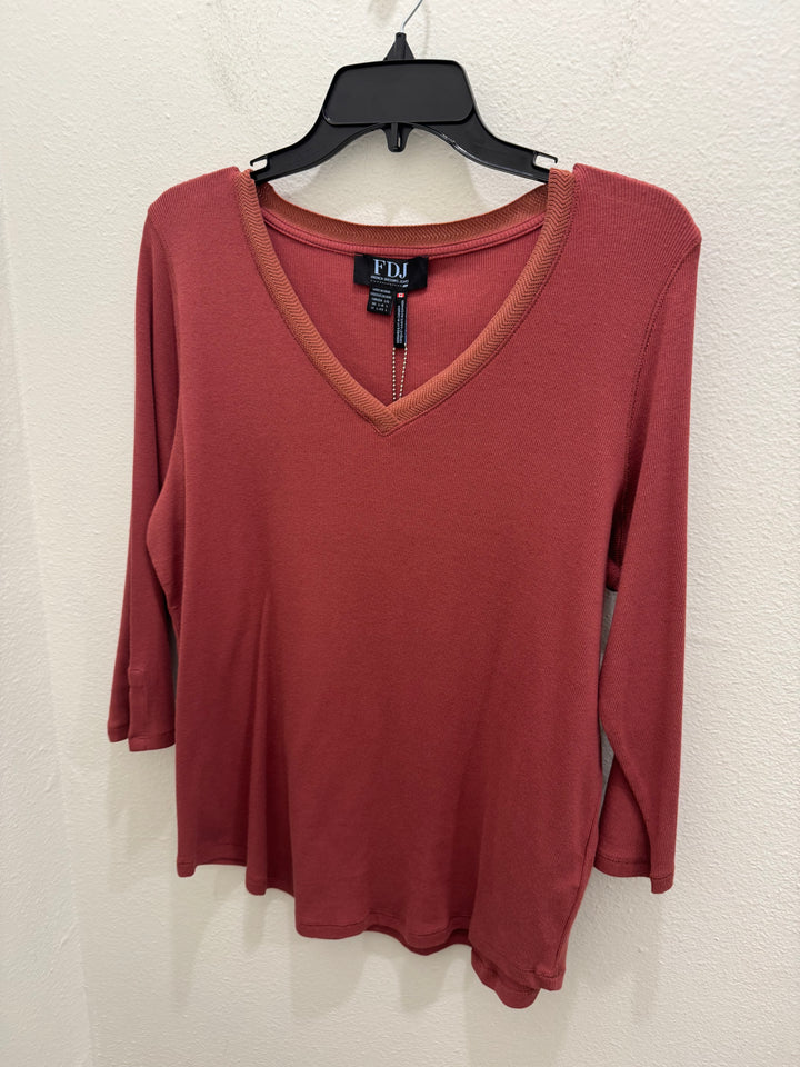 French Dressing Jeans: Rust Red Baby Rib V-Neck 3/4 Sleeve