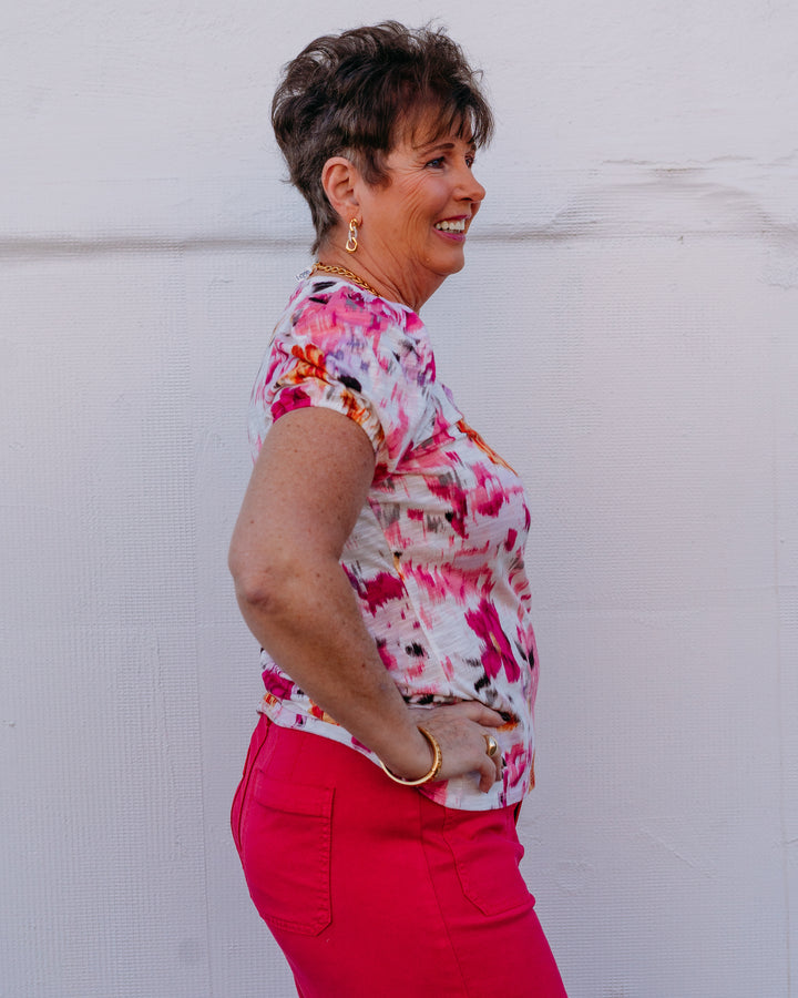 Liverpool: Puff Slv Scoop Neck Knit Top in Pink Multi Flrl - The Vogue Boutique