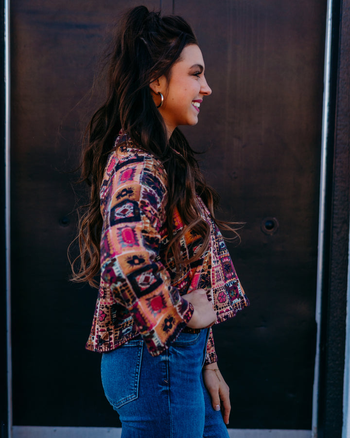 Ivy Jane: Crochet Printed Half Zip in Plum