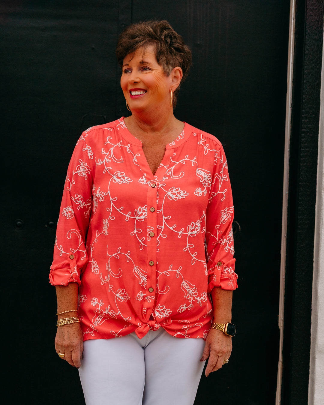 Multiples: Roll Tab Sleeve Button Front Shirt in Coral Pink (M26606BM)