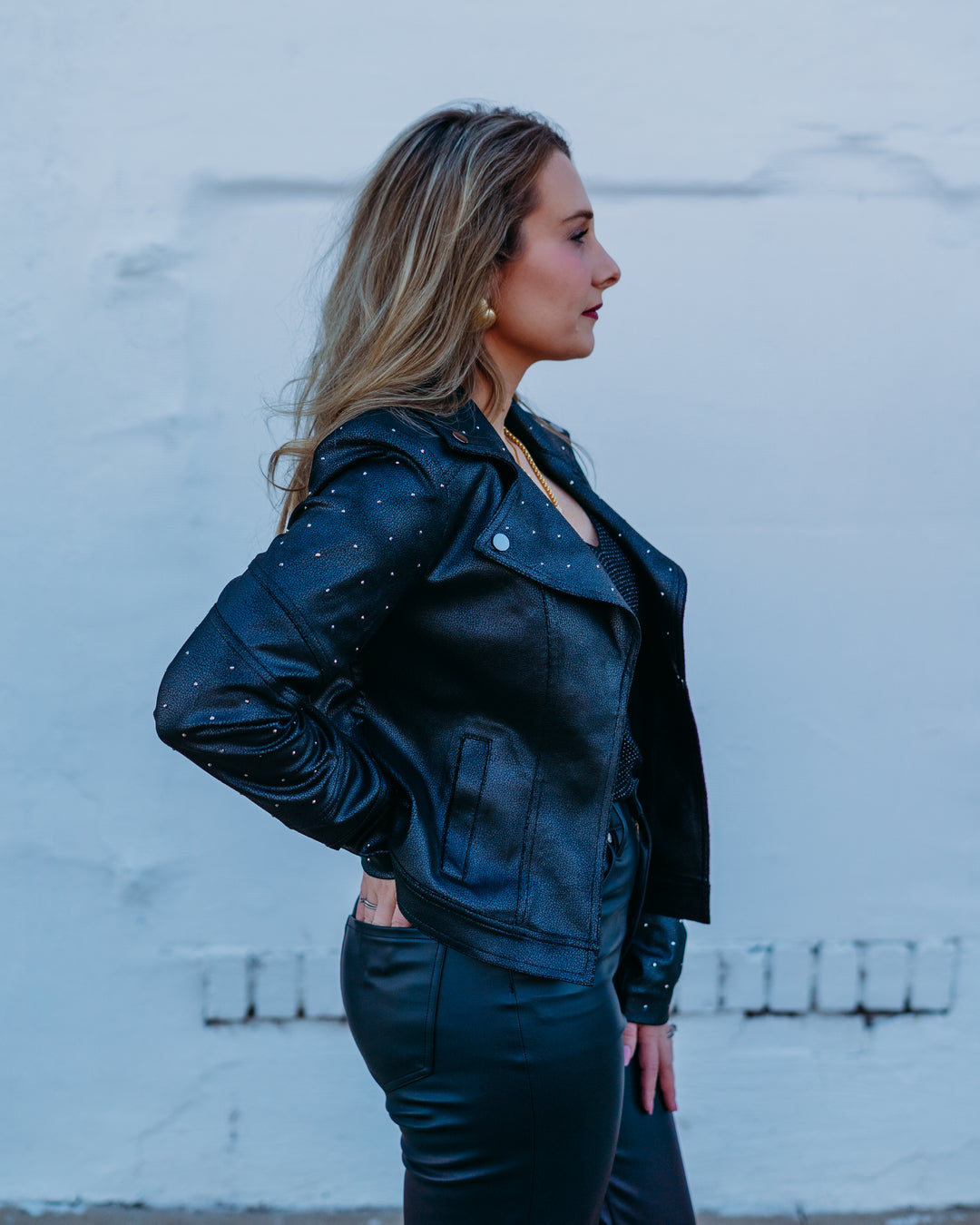 Joseph Ribkoff: Foiled Faux Suede Fitted Jacket with Rhinestones in Black (254904)