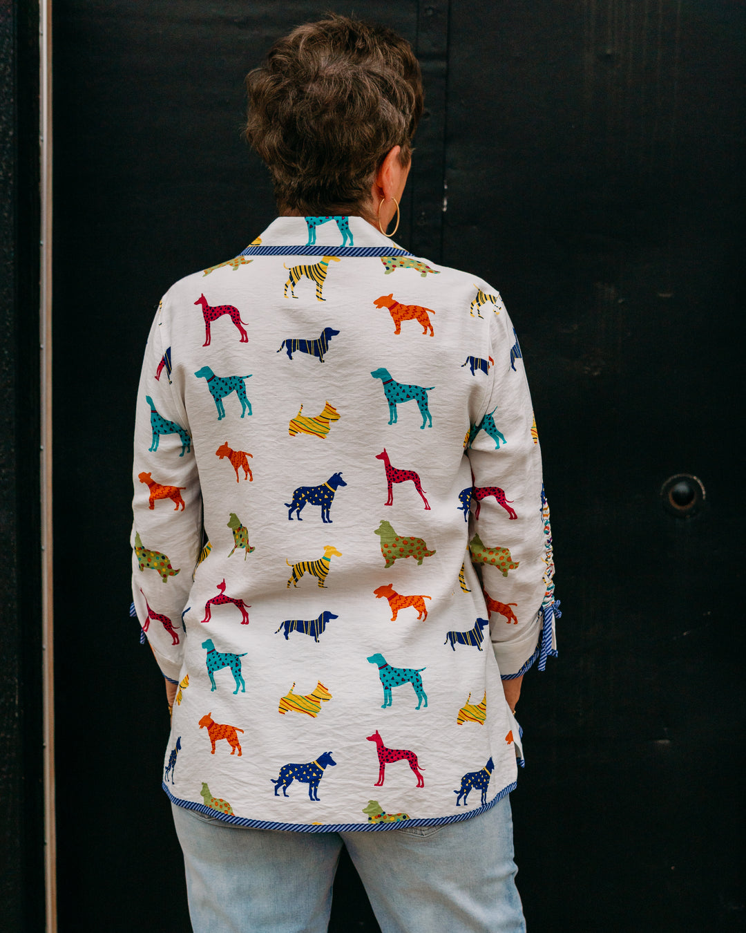 John Mark: Multi Dog Print Blouse With Cinch Sleeves (J26433BM) - The Vogue Boutique