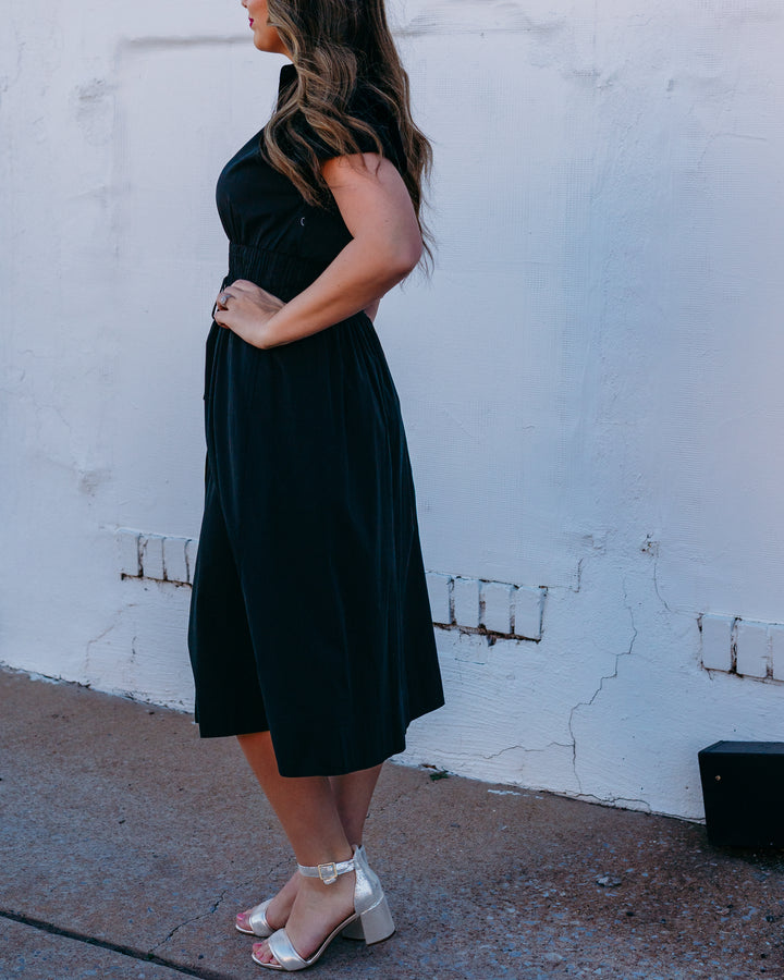 Spanx: Poplin Smocked Midi Shirt Dress in Classic Black (22366R) - The Vogue Boutique