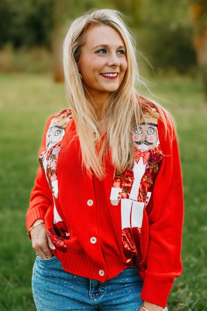 Queen of Sparkles: Red Nutcracker in Leopard Blazer Cardigan