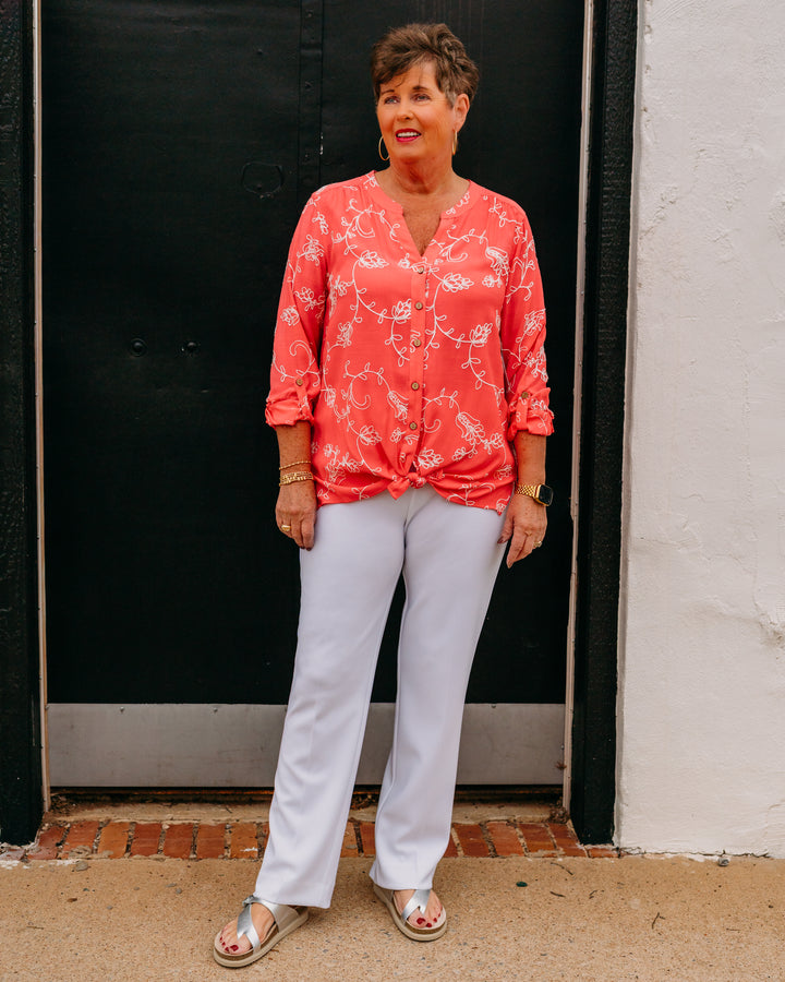 Multiples: Roll Tab Sleeve Button Front Shirt in Coral Pink (M26606BM)