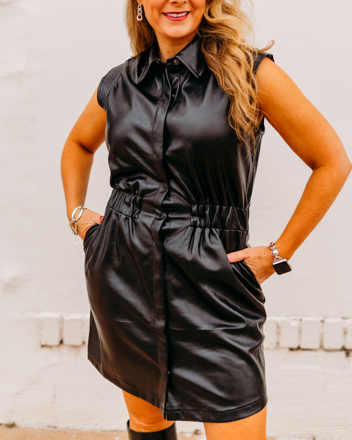 Elan: Black Faux Leather Dress fl50153