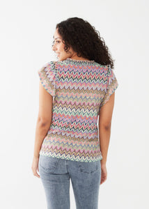 French Dressing Jeans: Faux Crochet Stripe Flutter Sleeve Top