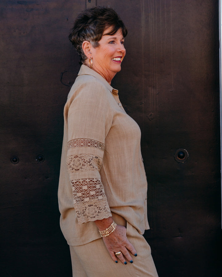 Multiples: 3/4 Slvs Bttn Frt Shirt W/Lace Trim in Khaki (M26411BM)