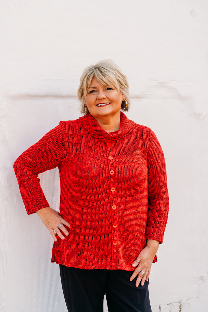 Multiples: 3/4 Sleeve Cowl Collar Solid Novelty Knit Top with Faux Button M44112TM - 640 Vivid Red
