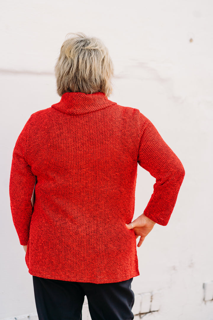 Multiples: 3/4 Sleeve Cowl Collar Solid Novelty Knit Top with Faux Button M44112TM - 640 Vivid Red